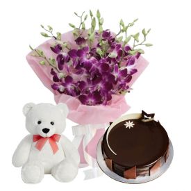 Orchid Bunch & Cake With Teddy 